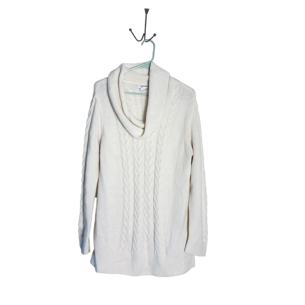 Calvin Klein Women's Large Cowl Neck Cable Tunic Sweater Cream Off-White